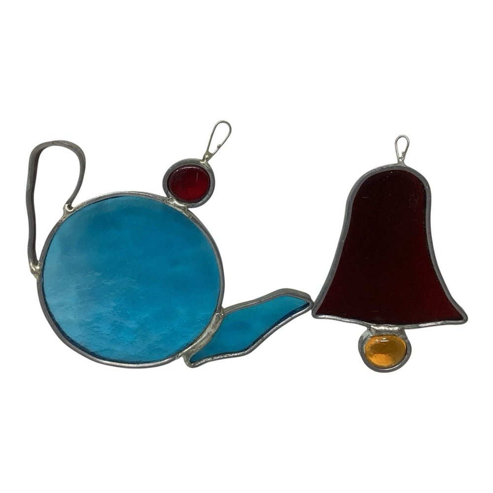 Vintage Handmade Stained Glass Christmas Ornaments Sun Catchers Teapot, Bell